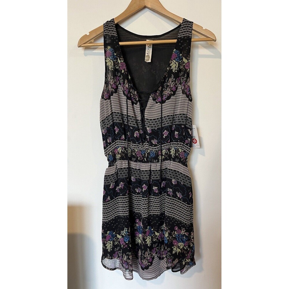 NWT Free People Black Floral Lace Up Front Sleeveless Mini Dress Size XS